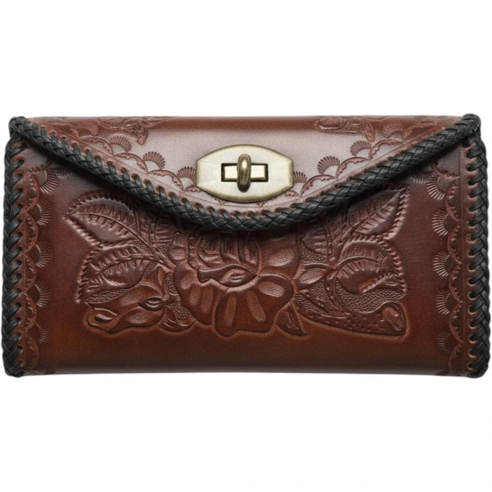 Vintage Hand Tooled Leather Floral Clutch Wallet Brown Whipstitch Western Boho